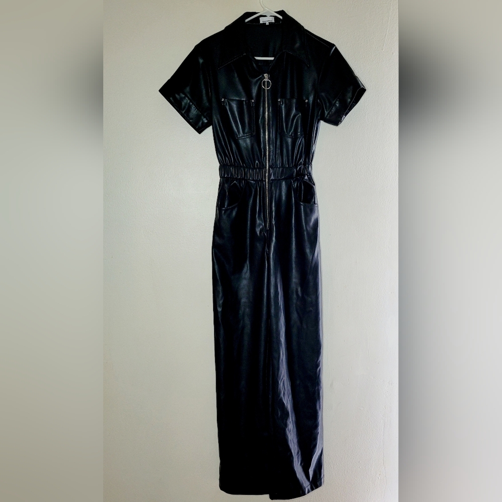 WeWoreWhat Jumpsuit Womens XS Flight Suit Faux Leather Black Short Sleeve